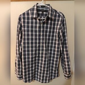 Banana Republic Grant Fit Dress Shirt Plaid Navy Grey Non-Iron Medium